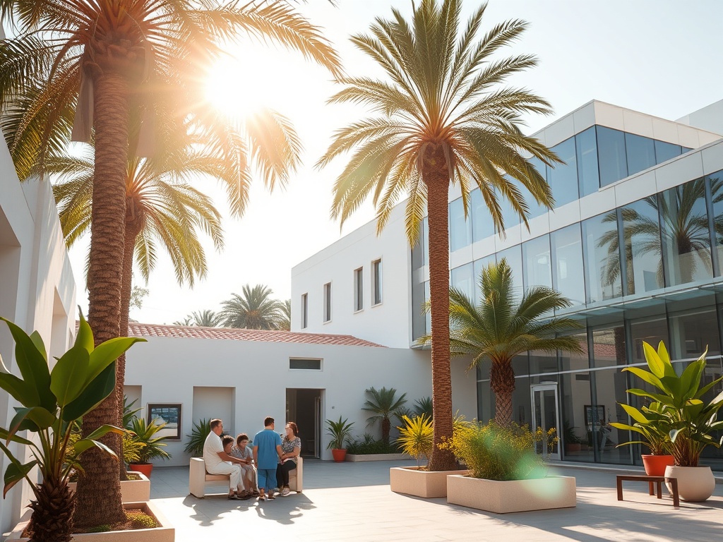 A sunlit Portuguese clinic courtyard, palm trees, modern glass hospital building in the distance, caring diverse patients, soft, welcoming atmosphere, vibrant colors.