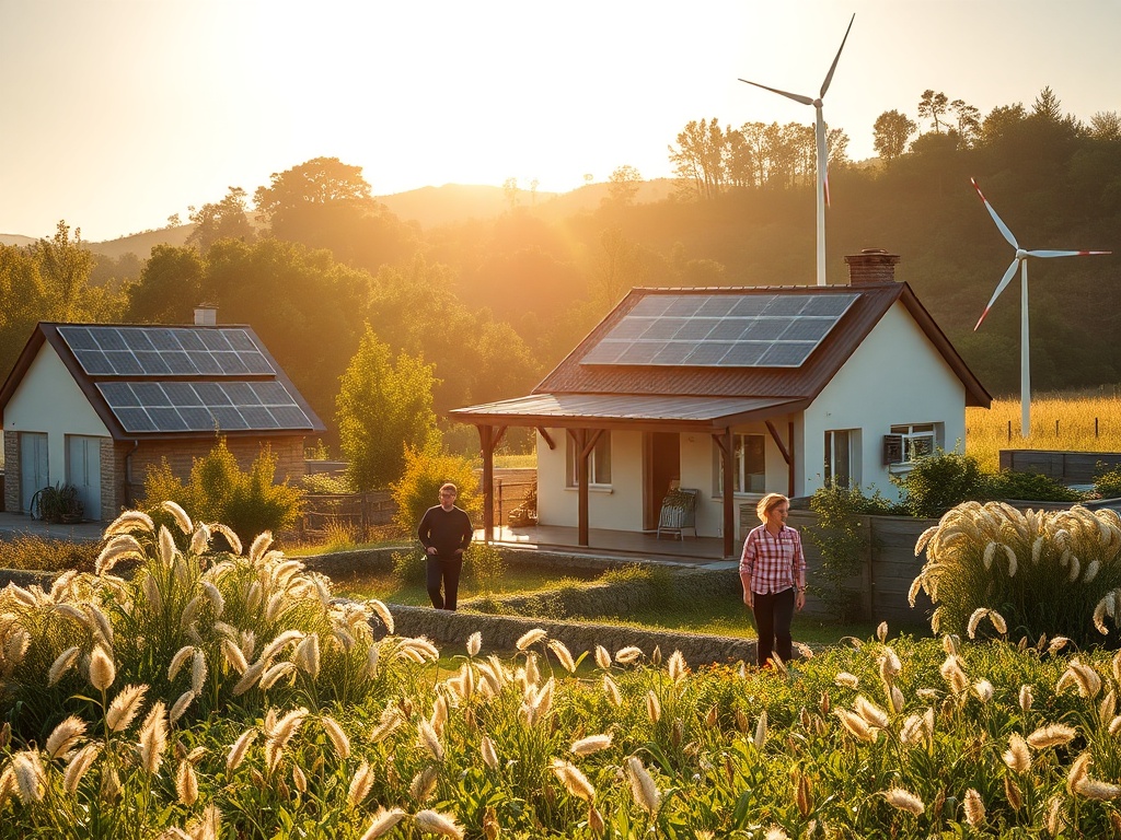 "A sunlit Minho countryside scene with a sustainable, energy-neutral house, solar panels, a small wind turbine, a vegetable forest, flax fibers drying, and a cheerful family tending a permaculture garden, soft Portuguese light."