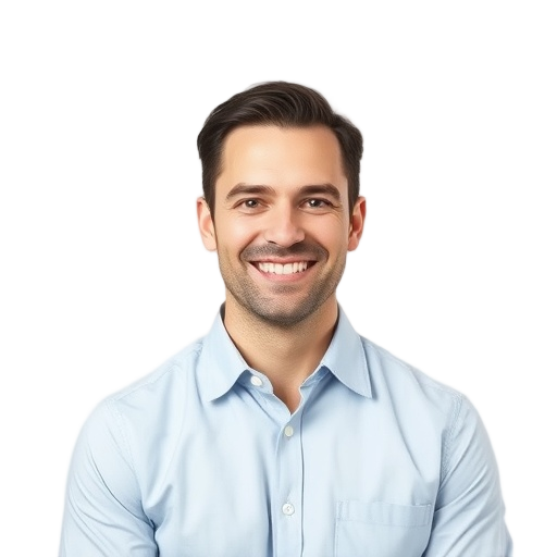 A person smiling to the camera with a white background looking like