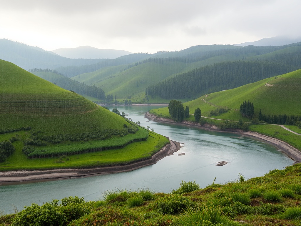 "A serene Minho landscape newsletter scene with rain gently falling on green hills, a calm river, and subtle indicators of coastal Atlantics; soft, inviting atmosphere." You MAY only use up to 25 words.