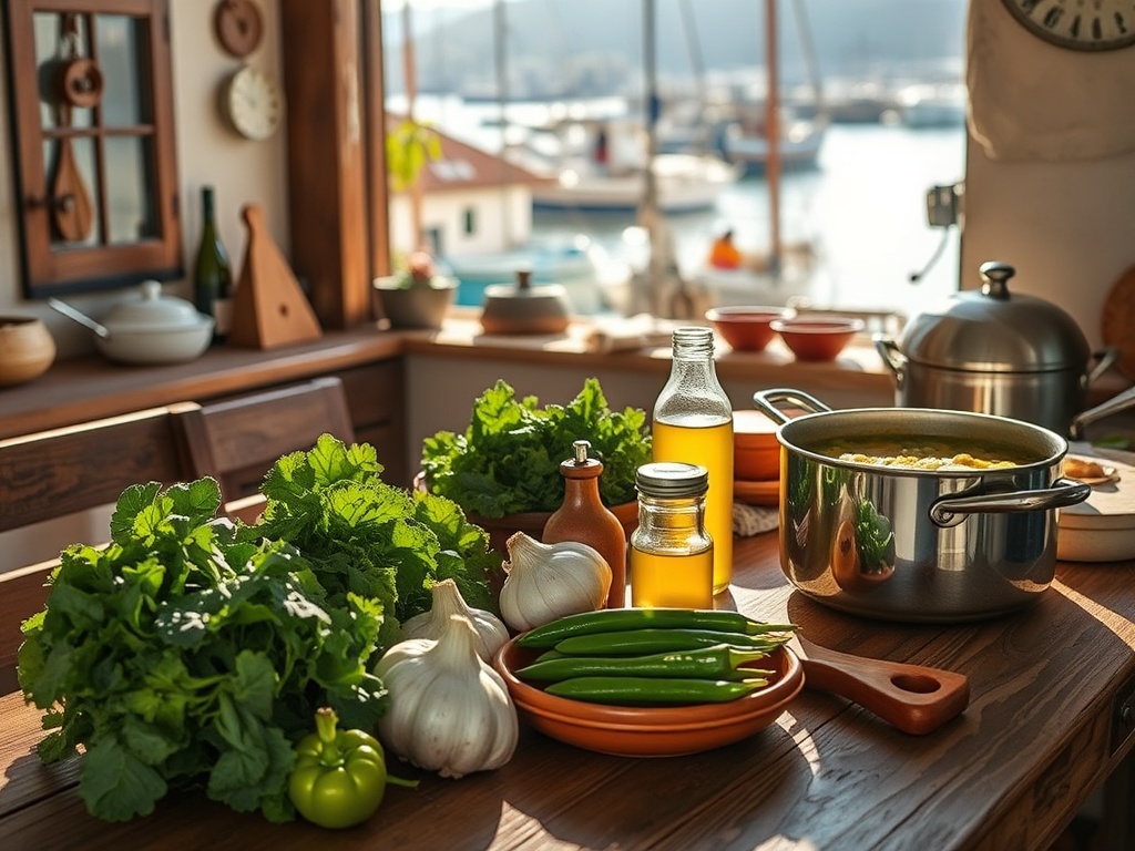 "A sunlit Minho kitchen scene with rustic wooden table, fresh greens (kale), canned cod, garlic, olive oil, peppers, and a pot simmering caldo verde; fishermen’s harbor in background."