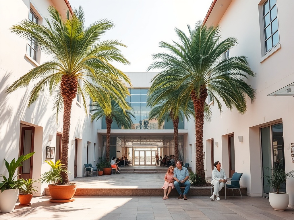 A sunlit Portuguese clinic courtyard, palm trees, modern glass hospital building in the distance, caring diverse patients, soft, welcoming atmosphere, vibrant colors.