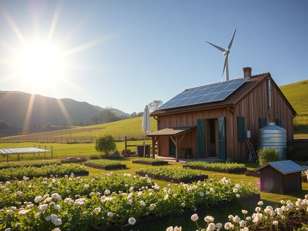 A sunlit rural Minho scene with a sustainable eco-house, solar panels, a rainwater cistern, vegetable beds, flax fields, and a small workshop, wind gently turning blades.