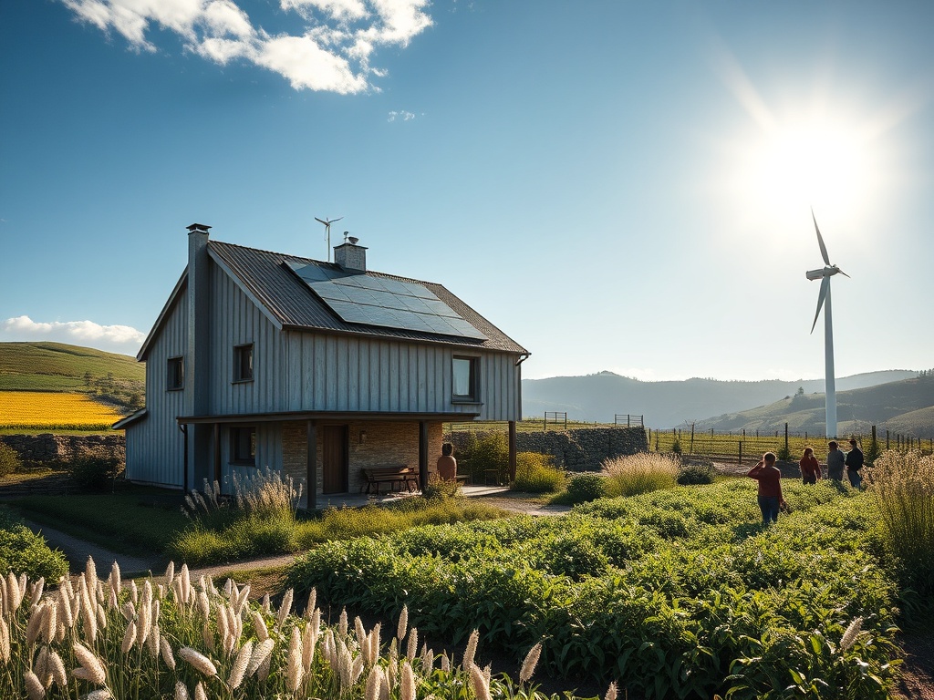A sunlit Minho landscape with a modern passive-house, solar panels, wind or water turbine, lush permaculture gardens, flax fibers drying, people learning hands-on. "