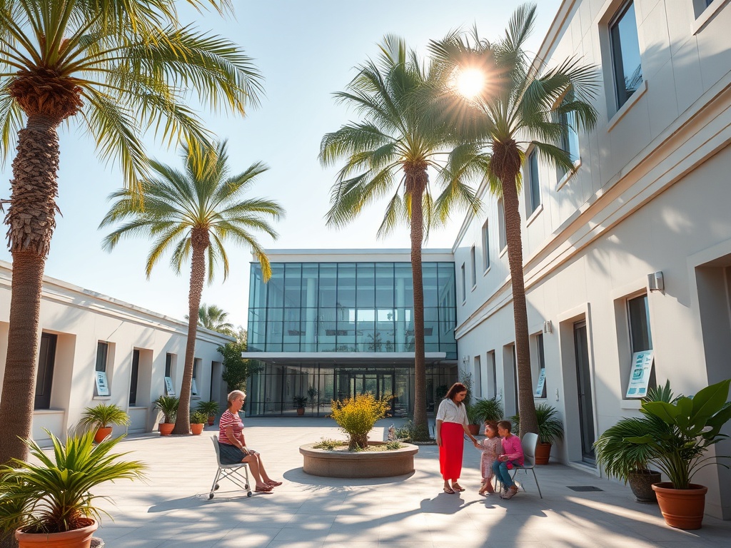 A sunlit Portuguese clinic courtyard, palm trees, modern glass hospital building in the distance, caring diverse patients, soft, welcoming atmosphere, vibrant colors.