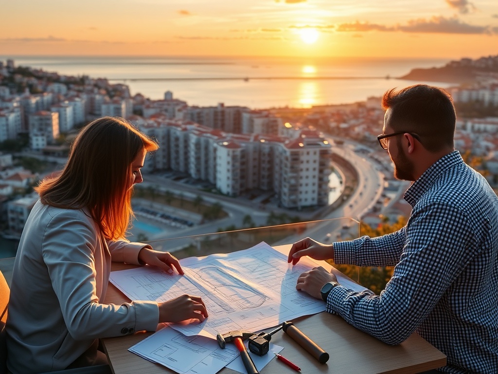 "A vibrant modern Portuguese coastline cityscape with new-build apartments, investors surveying a blueprints-filled desk, golden sunset, hopeful atmosphere, subtle hammer-and-construction tools in focus, no logos."