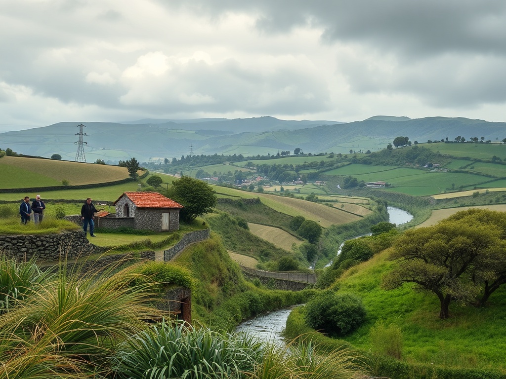 A windswept Minho landscape scene showing farmers, a rustic farmer from Ponte, a cozy B&B owner, a Vinho Verde winemaker, and a logistics manager; vivid microclimates, rain, rivers, and green valleys, overcast dramatic sky.