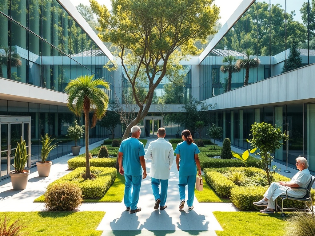 A lush Portuguese hospital campus with modern glass buildings, green courtyards, doctors in scrubs guiding visitors, soft sunlight, calm patients, and healthcare symbols, no branding.