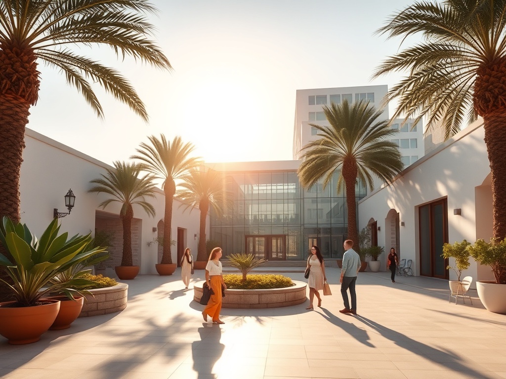 A sunlit Portuguese clinic courtyard, palm trees, modern glass hospital building in the distance, caring diverse patients, soft, welcoming atmosphere, vibrant colors.