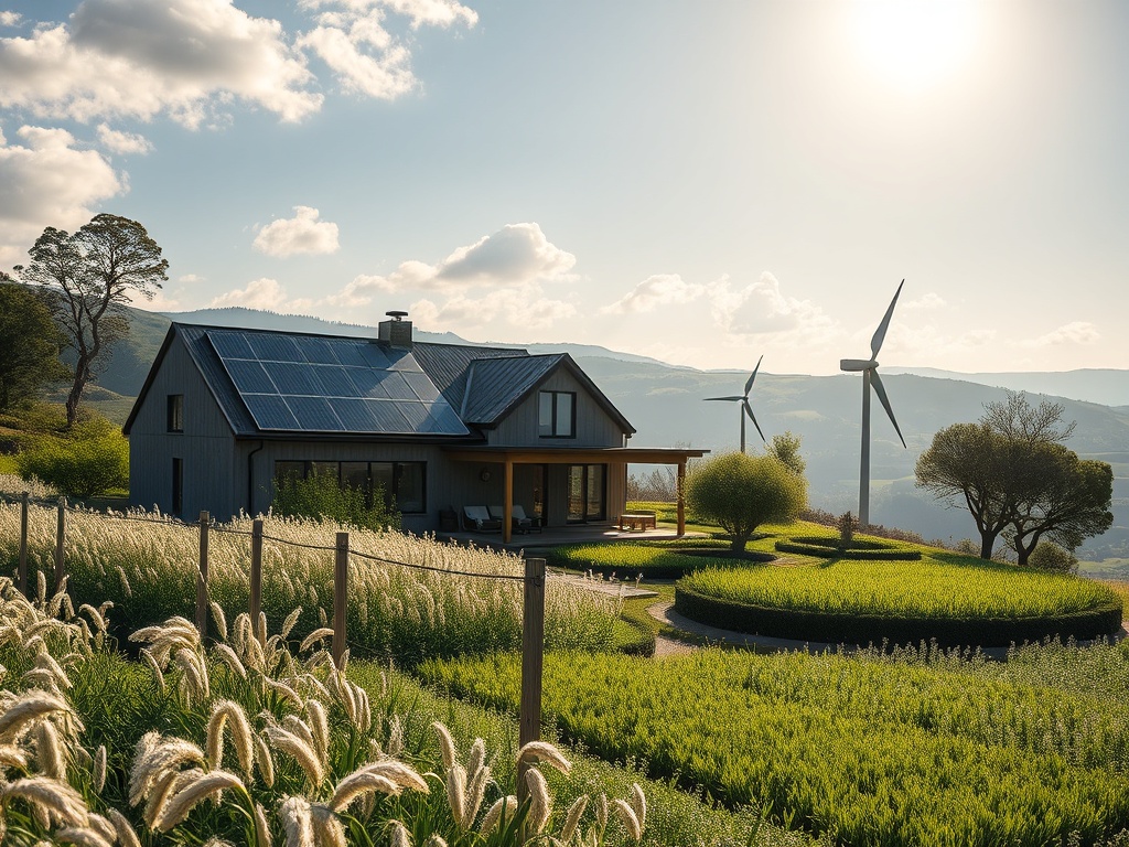 A sunlit Minho landscape with a modern passive-house, solar panels, wind or water turbine, lush permaculture gardens, flax fibers drying, people learning hands-on. "
