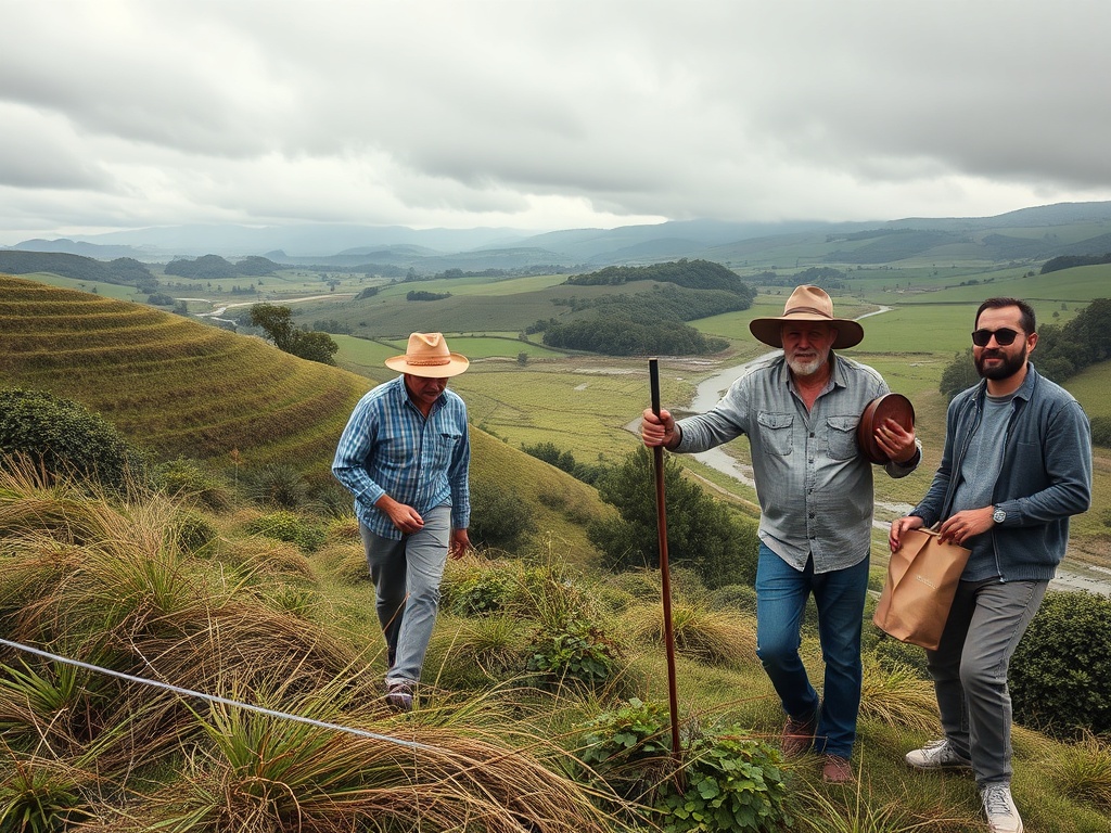 A windswept Minho landscape scene showing farmers, a rustic farmer from Ponte, a cozy B&B owner, a Vinho Verde winemaker, and a logistics manager; vivid microclimates, rain, rivers, and green valleys, overcast dramatic sky.
