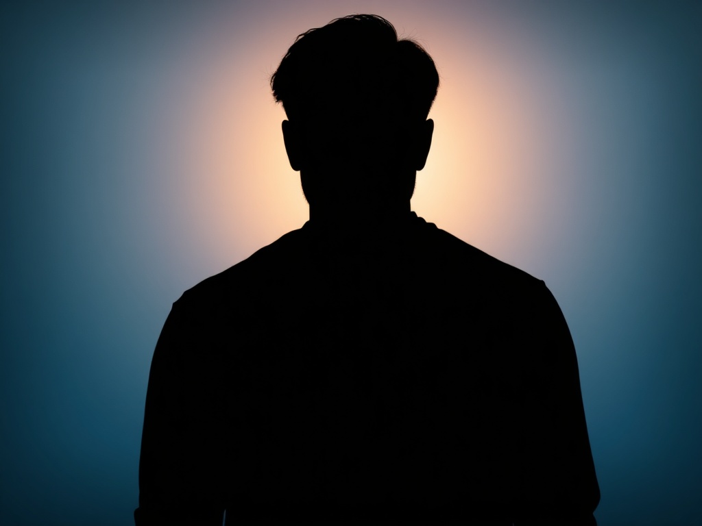 A calm adult silhouette at center, layers of shadow peeling away like paper, warm inner glow, sharp focused light, mindful movement atmosphere, soft blue background.