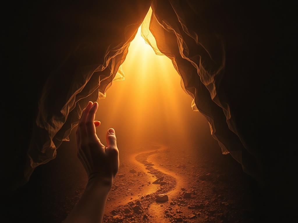 "warm luminous path" through "darkened layers" peeling away; "adult hands" shaping "inner light"; "calm body posture"; hopeful atmosphere; dynamic motion.