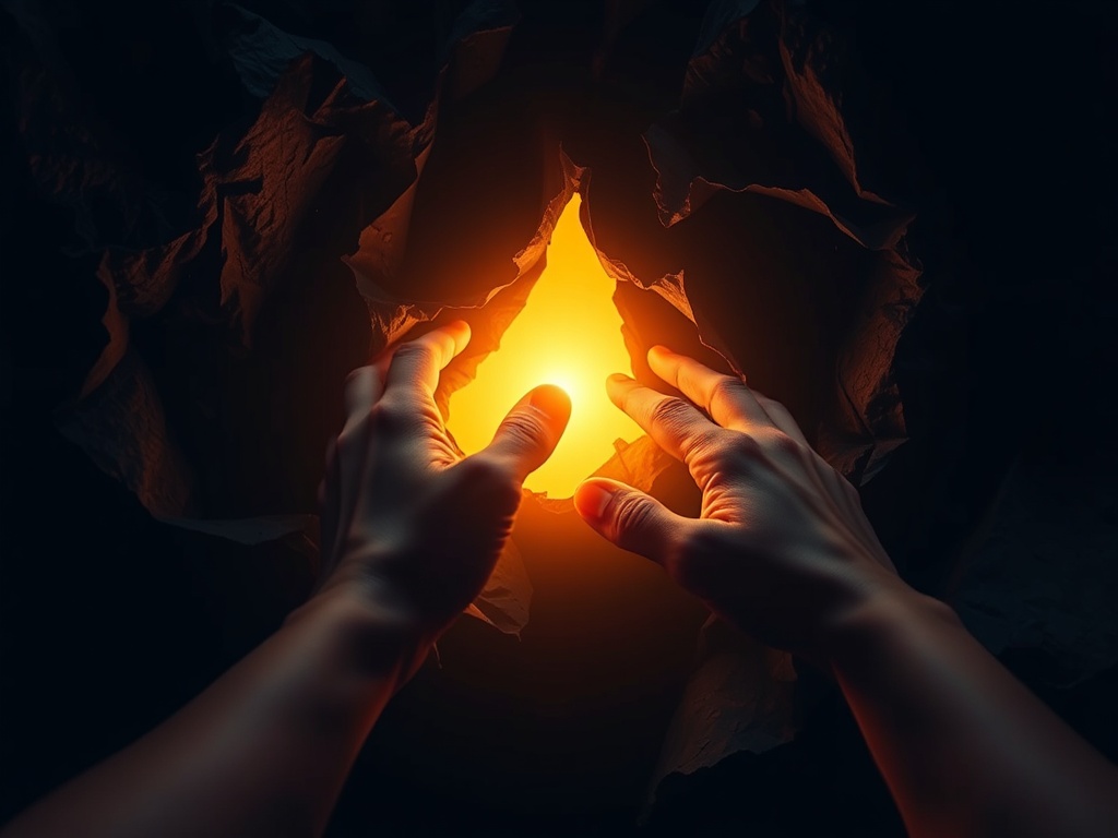 "warm luminous path" through "darkened layers" peeling away; "adult hands" shaping "inner light"; "calm body posture"; hopeful atmosphere; dynamic motion.