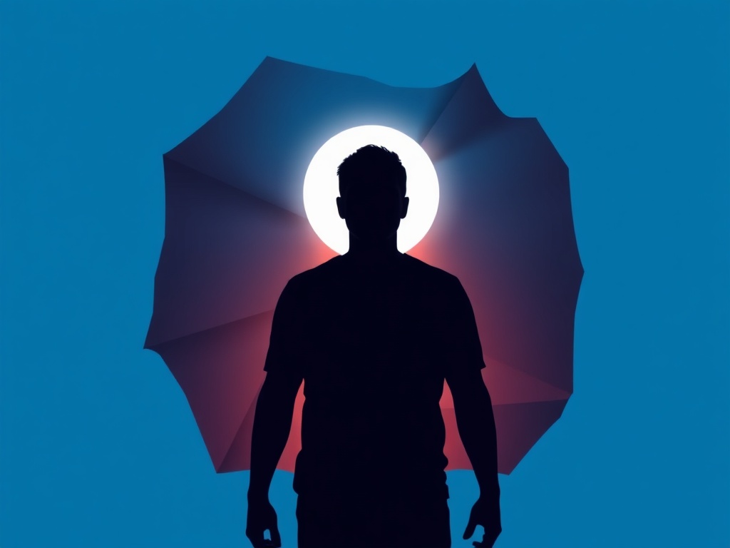 A calm adult silhouette at center, layers of shadow peeling away like paper, warm inner glow, sharp focused light, mindful movement atmosphere, soft blue background.