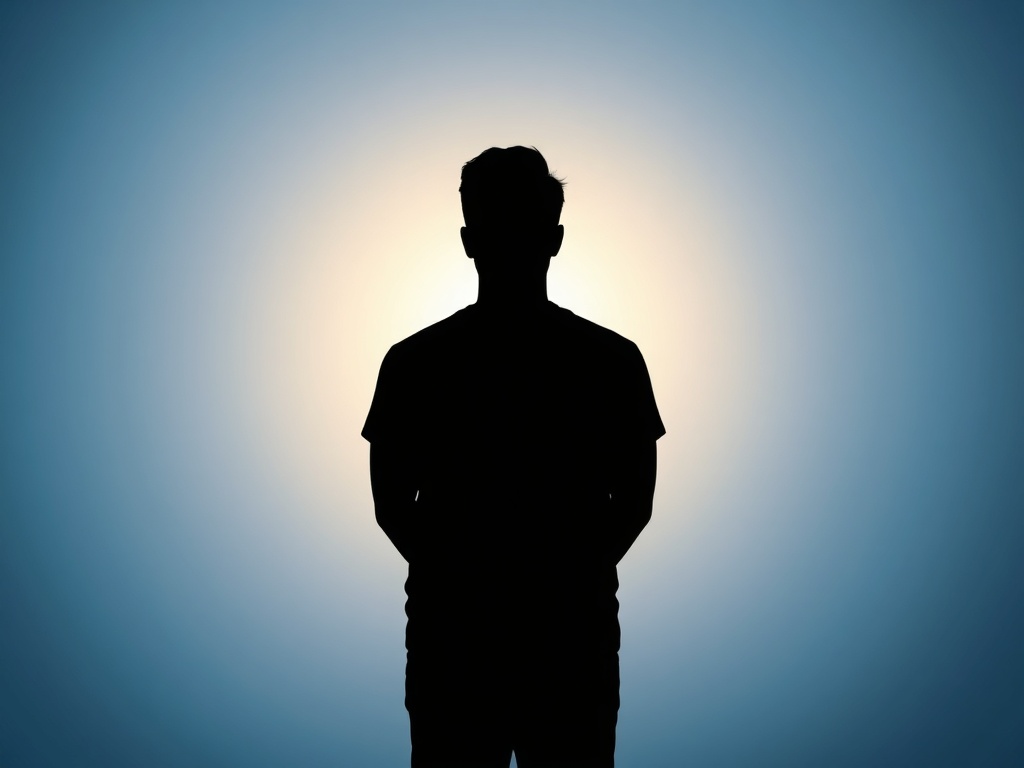 A calm adult silhouette at center, layers of shadow peeling away like paper, warm inner glow, sharp focused light, mindful movement atmosphere, soft blue background.