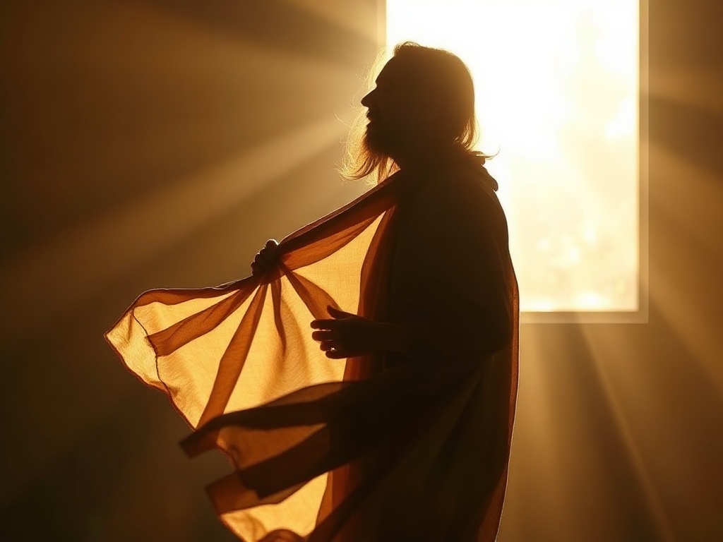 A gentle adult silhouette shedding a worn, second-skin layer into radiant light, calm sanctuary setting, subtle flowing motion lines, hopeful warm palette, photoreal.