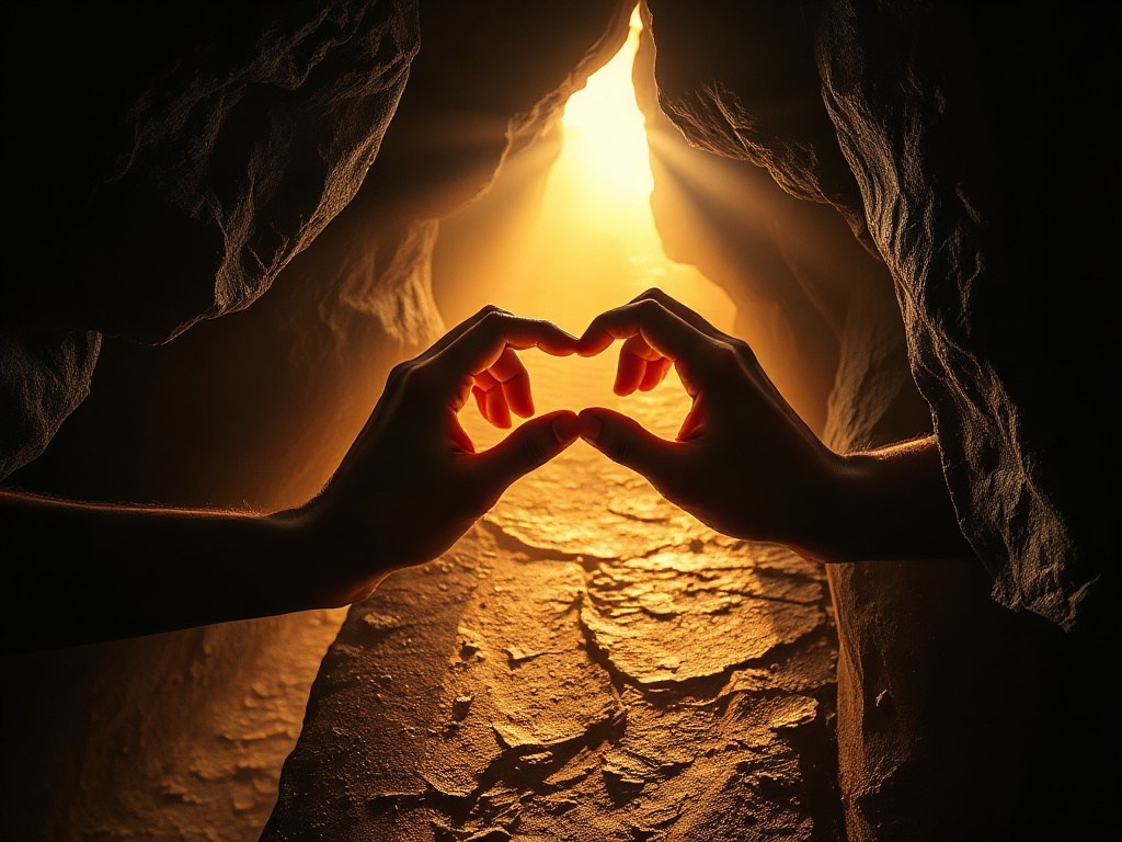 "warm luminous path" through "darkened layers" peeling away; "adult hands" shaping "inner light"; "calm body posture"; hopeful atmosphere; dynamic motion.