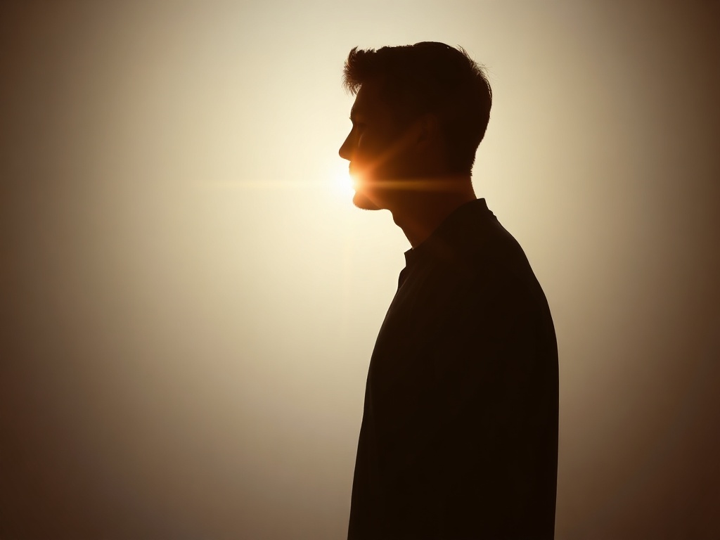 A calm adult silhouette at center, layers of shadow peeling away like paper, warm inner glow, sharp focused light, mindful movement atmosphere, soft blue background.