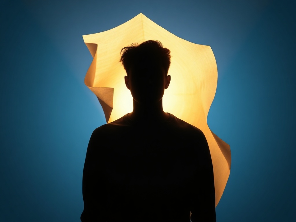 A calm adult silhouette at center, layers of shadow peeling away like paper, warm inner glow, sharp focused light, mindful movement atmosphere, soft blue background.