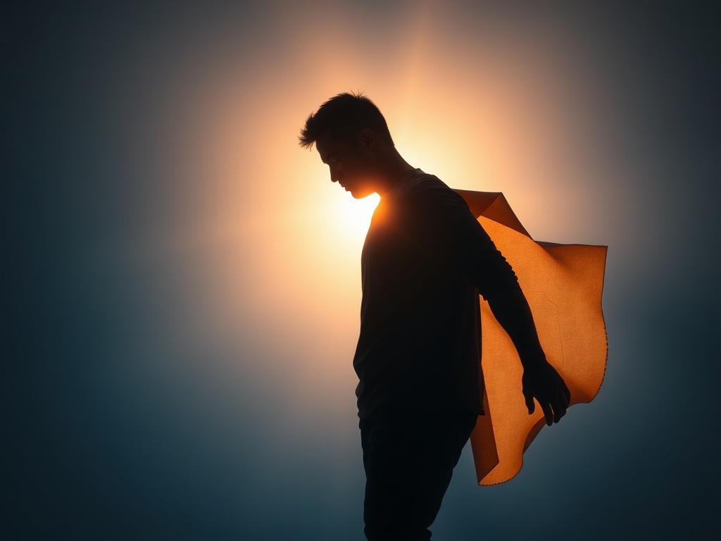 A calm adult silhouette at center, layers of shadow peeling away like paper, warm inner glow, sharp focused light, mindful movement atmosphere, soft blue background.