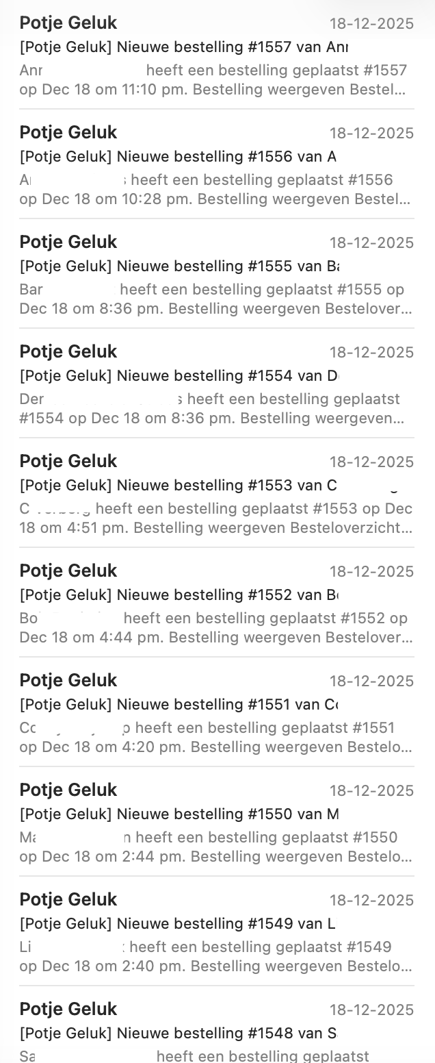 Bestellingen webshop Potje Geluk