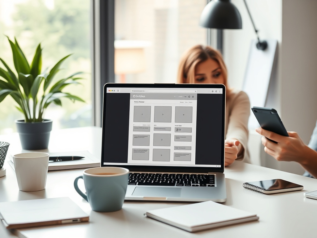 "modern workspace" "laptop displaying website layout wireframe" "designer and client discussing" "coffee cup, notebook, smartphone" "soft natural light, minimal aesthetic"