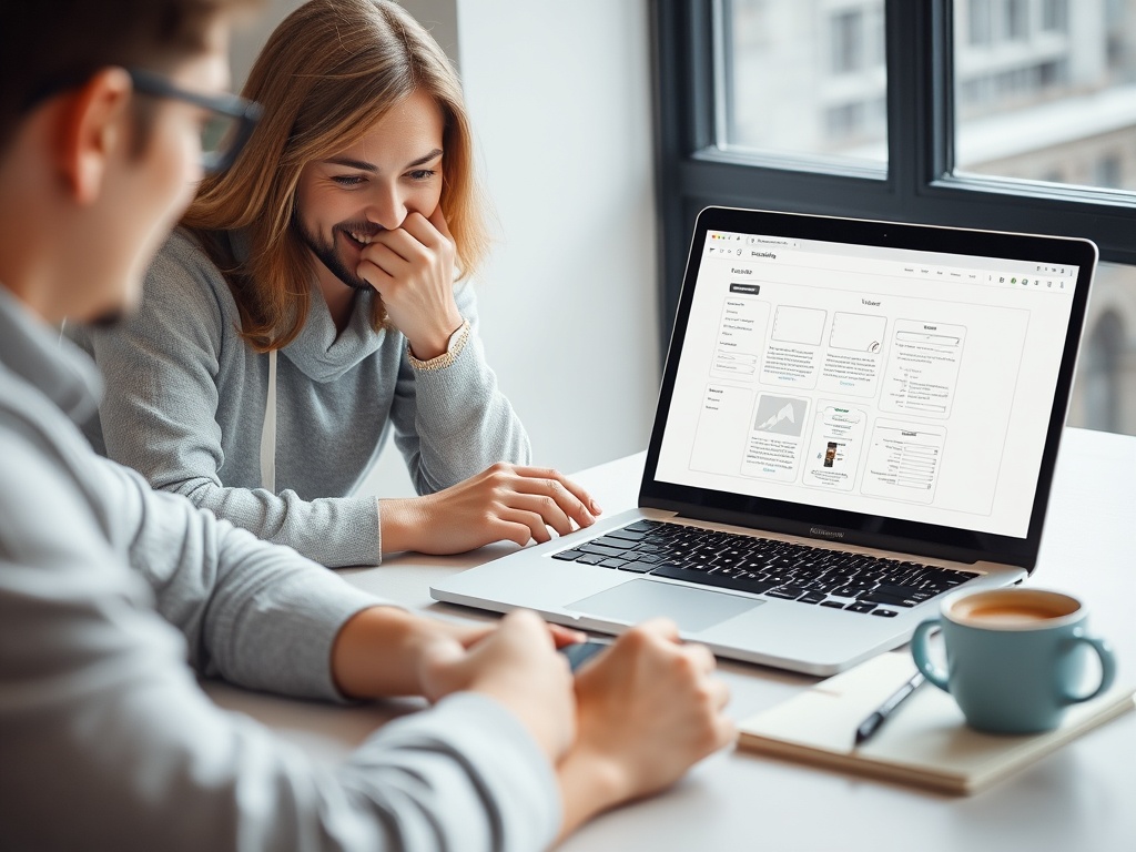 "modern workspace" "laptop displaying website layout wireframe" "designer and client discussing" "coffee cup, notebook, smartphone" "soft natural light, minimal aesthetic"