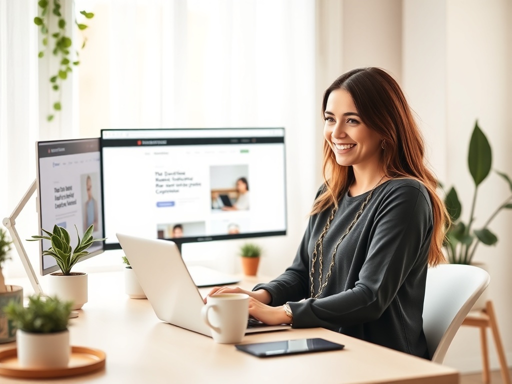 "A cozy modern home office" "female entrepreneur smiling at laptop" "clean Elementor-style website on screen" "warm natural light" "plants, coffee cup" "minimalist, professional aesthetic"