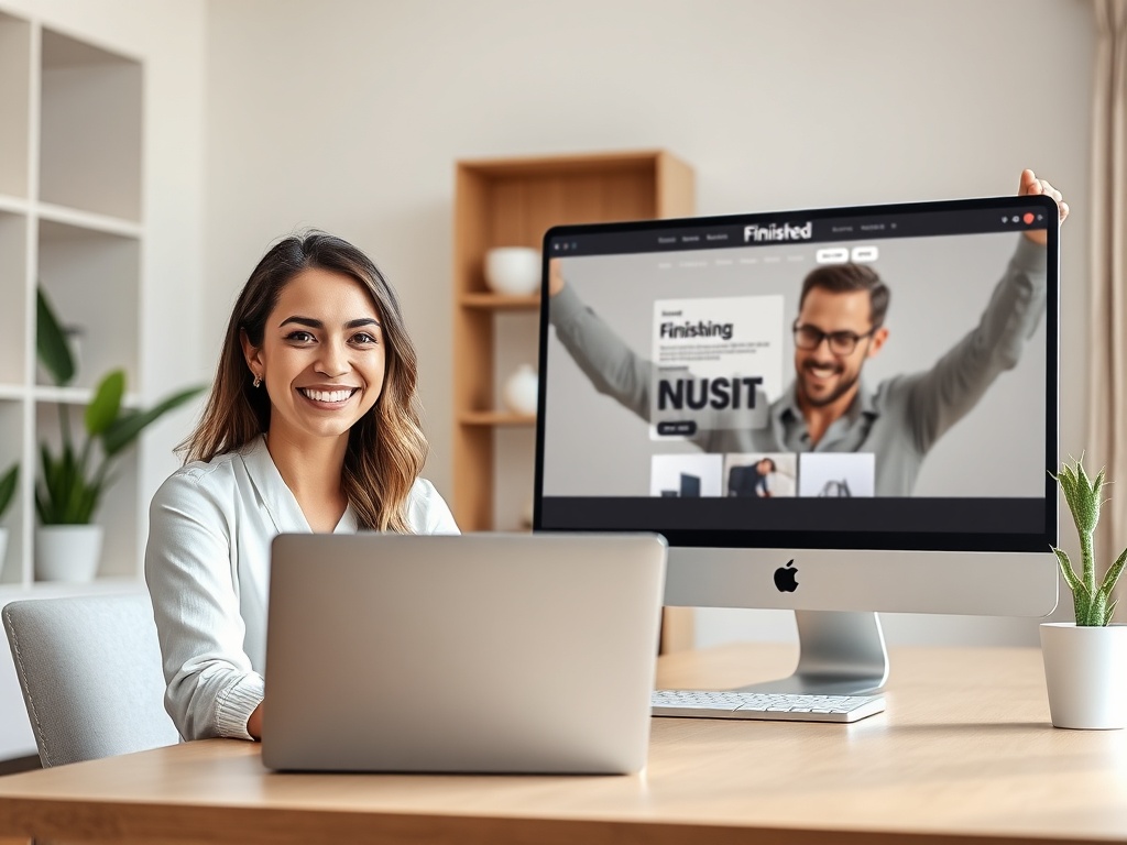 "A confident woman smiling at a laptop" "a man celebrating beside a finished website on screen" "bright, modern home office" "soft natural light, warm color palette" "clean minimalist composition"