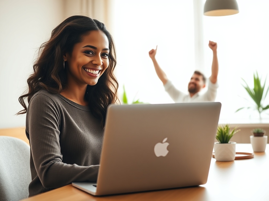 "A confident woman smiling at a laptop" "a man celebrating beside a finished website on screen" "bright, modern home office" "soft natural light, warm color palette" "clean minimalist composition"