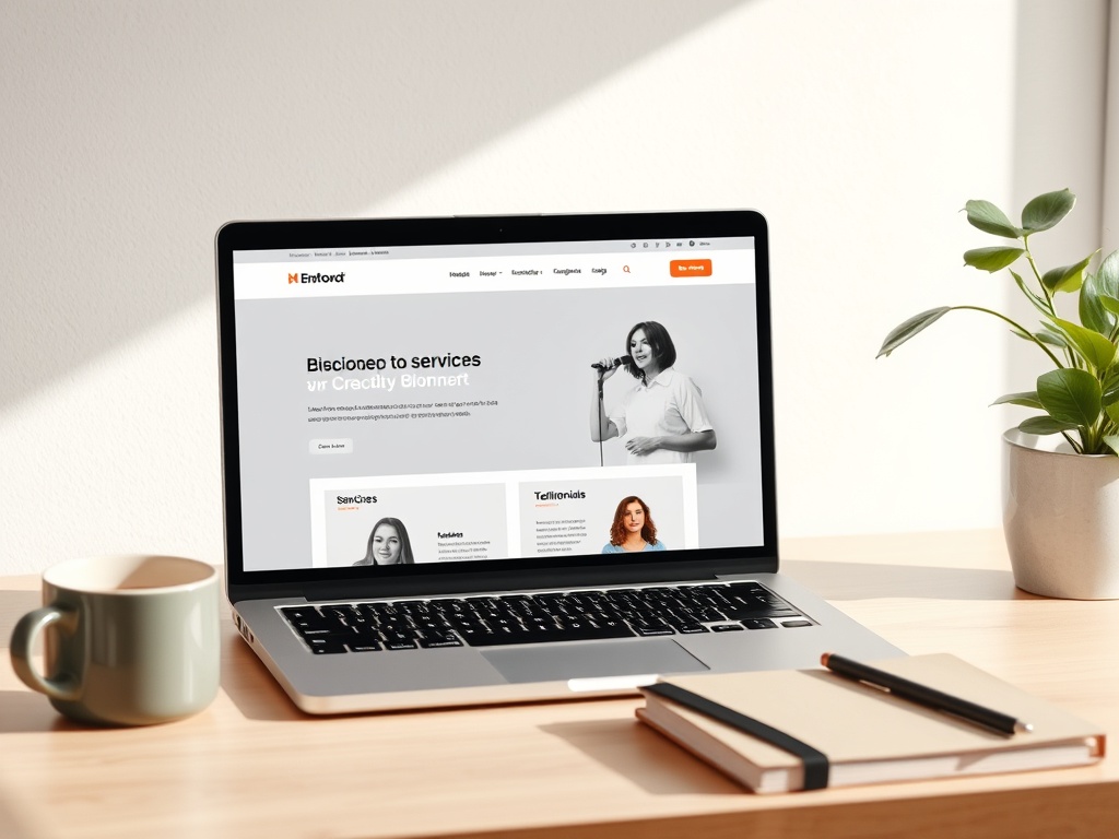 "A modern workspace" "laptop displaying a clean homepage layout" "moodboard with hero, services, testimonials thumbnails" "coffee cup, notebook, plant" "soft natural light, minimal aesthetic"