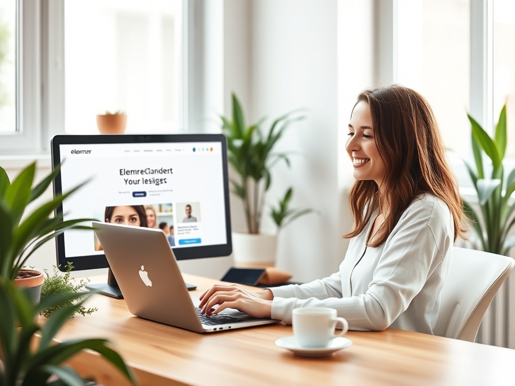 "A cozy modern home office" "female entrepreneur smiling at laptop" "clean Elementor-style website on screen" "warm natural light" "plants, coffee cup" "minimalist, professional aesthetic"