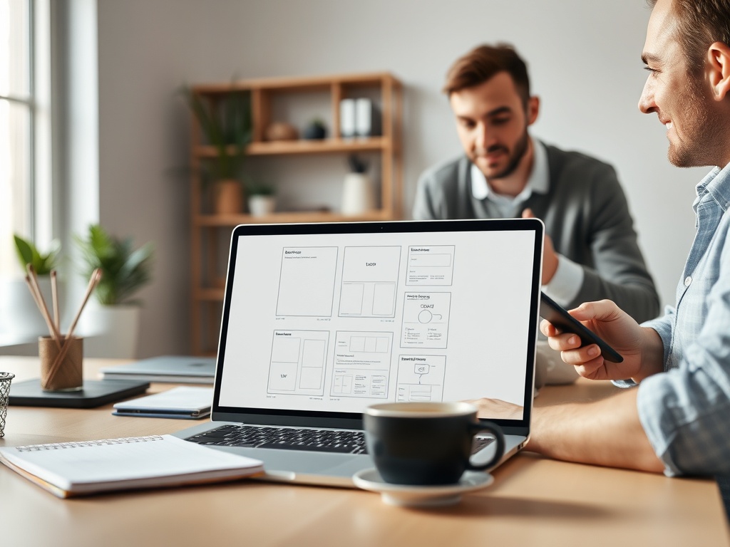 "modern workspace" "laptop displaying website layout wireframe" "designer and client discussing" "coffee cup, notebook, smartphone" "soft natural light, minimal aesthetic"