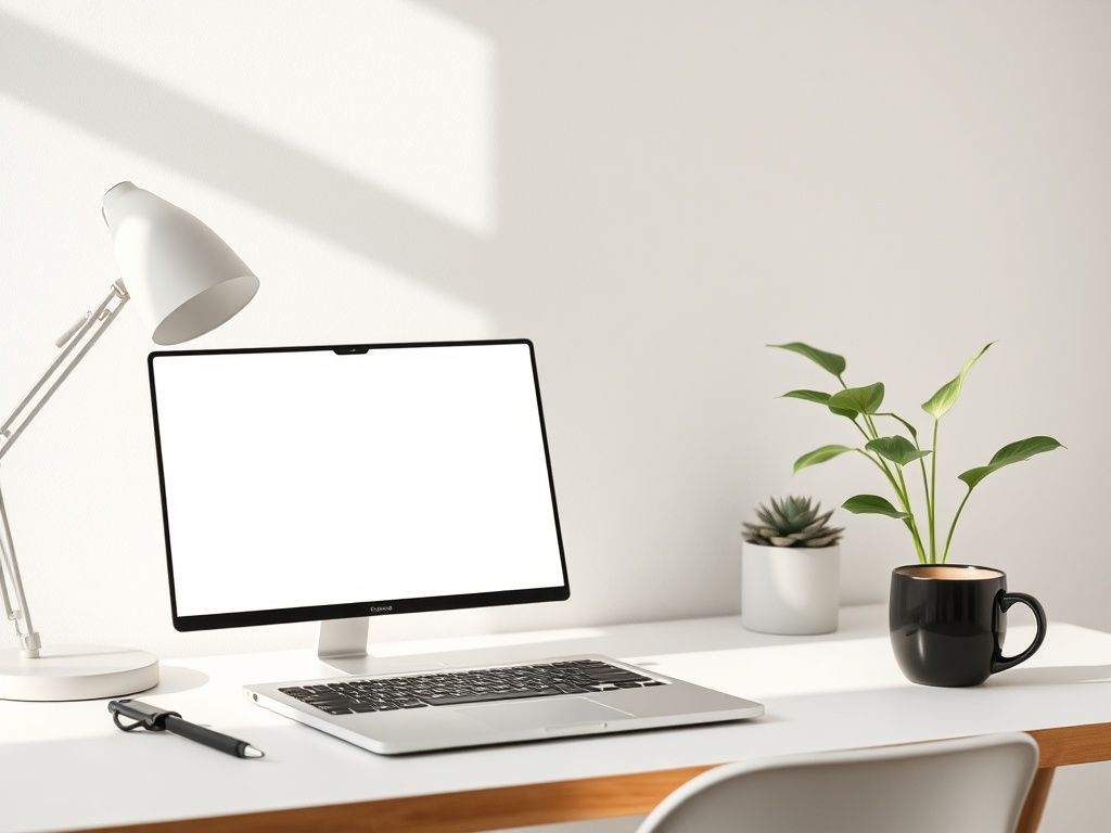 "Modern freelancer workspace" "laptop showing blank webpage layout" "soft natural light" "minimal Scandinavian desk" "potted plant" "coffee cup" "clean UX-focused vibe"