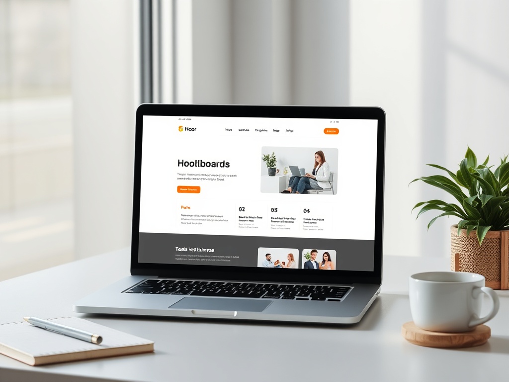 "A modern workspace" "laptop displaying a clean homepage layout" "moodboard with hero, services, testimonials thumbnails" "coffee cup, notebook, plant" "soft natural light, minimal aesthetic"