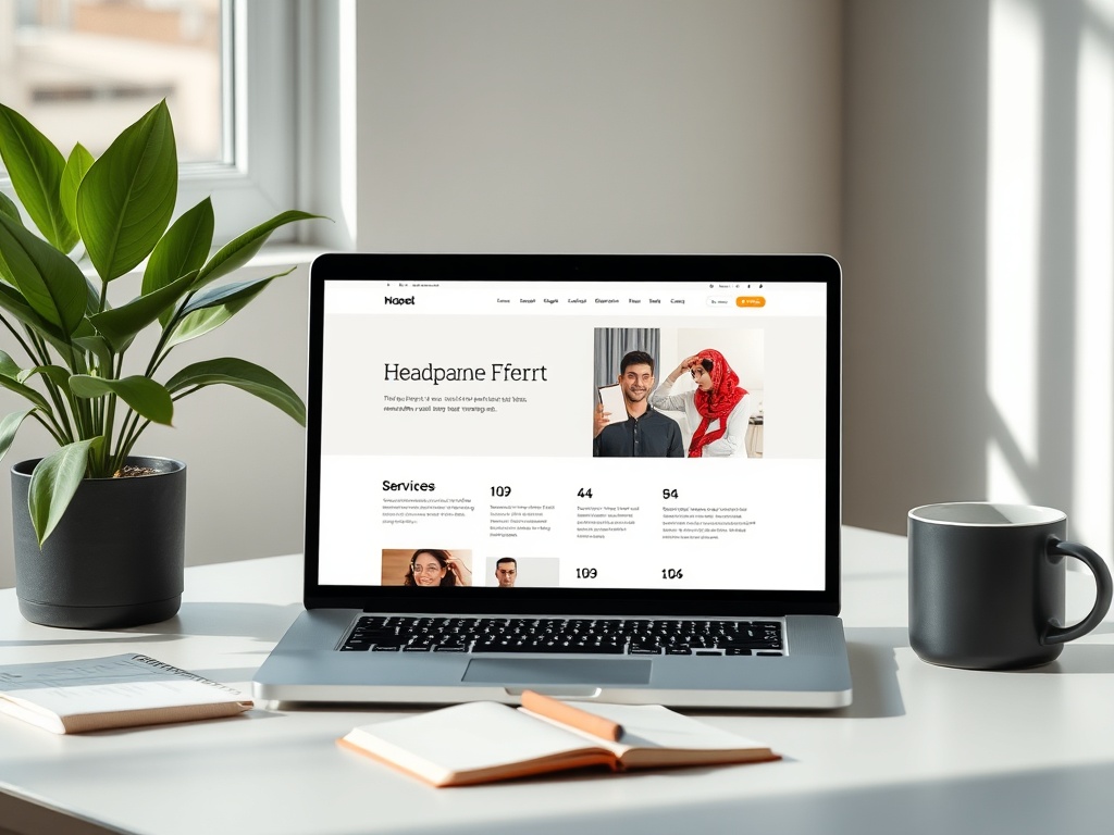 "A modern workspace" "laptop displaying a clean homepage layout" "moodboard with hero, services, testimonials thumbnails" "coffee cup, notebook, plant" "soft natural light, minimal aesthetic"