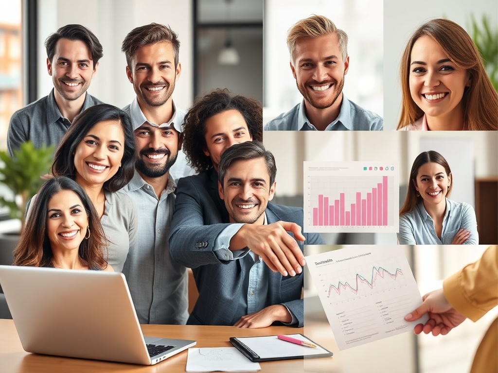 "collage of satisfied small business owners" "clean modern workspace with laptop and analytics charts" "handshake and checklist" "warm natural lighting" "professional, optimistic mood"