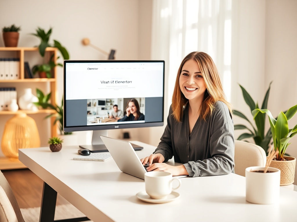 "A cozy modern home office" "female entrepreneur smiling at laptop" "clean Elementor-style website on screen" "warm natural light" "plants, coffee cup" "minimalist, professional aesthetic"