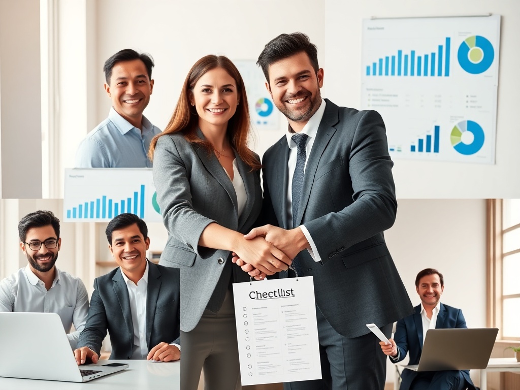 "collage of satisfied small business owners" "clean modern workspace with laptop and analytics charts" "handshake and checklist" "warm natural lighting" "professional, optimistic mood"