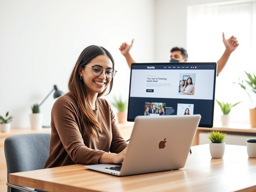 "A confident woman smiling at a laptop" "a man celebrating beside a finished website on screen" "bright, modern home office" "soft natural light, warm color palette" "clean minimalist composition"