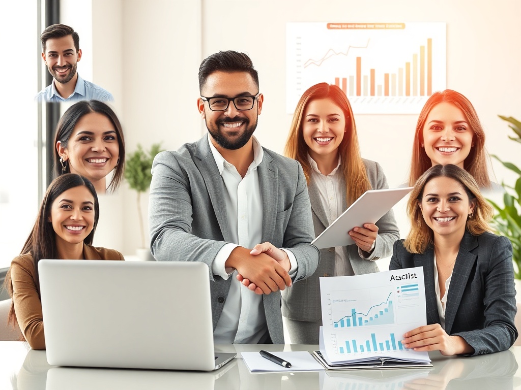 "collage of satisfied small business owners" "clean modern workspace with laptop and analytics charts" "handshake and checklist" "warm natural lighting" "professional, optimistic mood"
