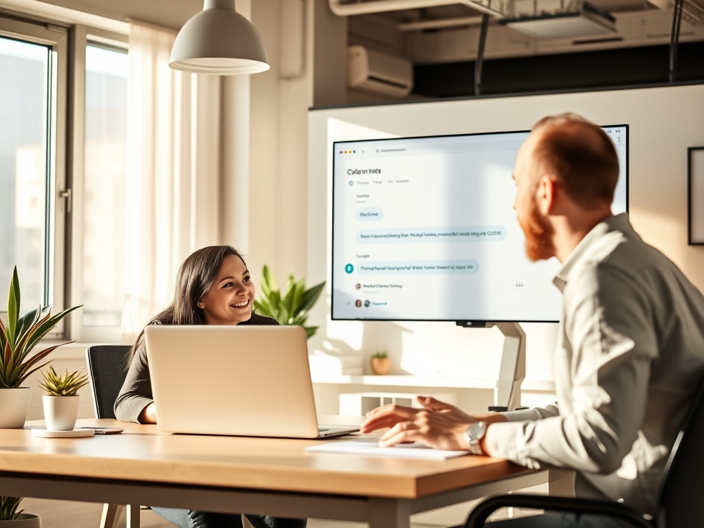 "A candid, bright office scene with a small business owner asking a question on a laptop, a friendly WordPress/Elementor coach replying on screen, warm lighting, clean workspace, joyful atmosphere."