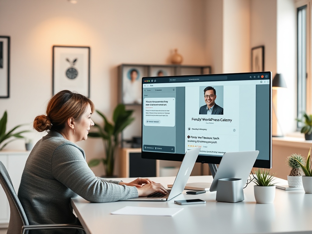 "A candid, bright office scene with a small business owner asking a question on a laptop, a friendly WordPress/Elementor coach replying on screen, warm lighting, clean workspace, joyful atmosphere."