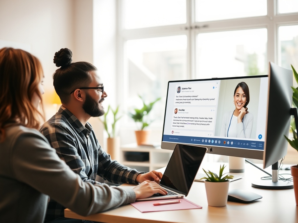 "A candid, bright office scene with a small business owner asking a question on a laptop, a friendly WordPress/Elementor coach replying on screen, warm lighting, clean workspace, joyful atmosphere."
