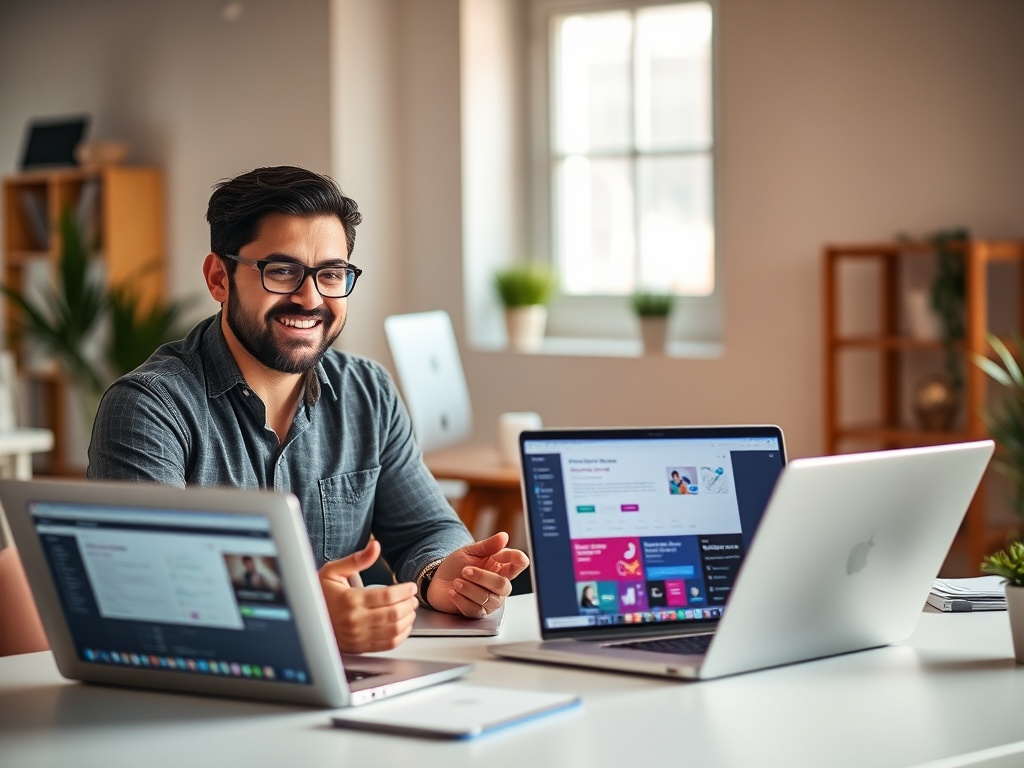 "A confident coach, small business owner, and freelancer discussing WordPress/Elementor, bright workspace, laptops open, vibrant UI visuals, hands-on troubleshooting, warm lighting."