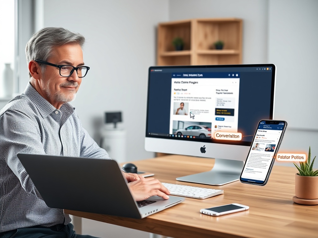 A confident mentor reviewing a website on a laptop, animated cursor tracing a visitor’s path, split-screen desktop and mobile, highlighting conversion pain points with glowing markers, calm modern workspace.