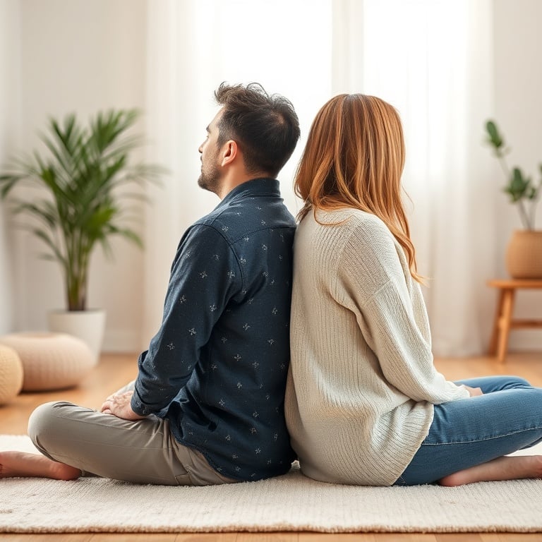 "A calm couple sitting back-to-back on a soft rug" "gentle warm lighting" "neutral stop-hand gesture floating between them" "soft-touch shoulder reconnect" "subtle guided breathing aura" "homey living room, plants, muted colors"