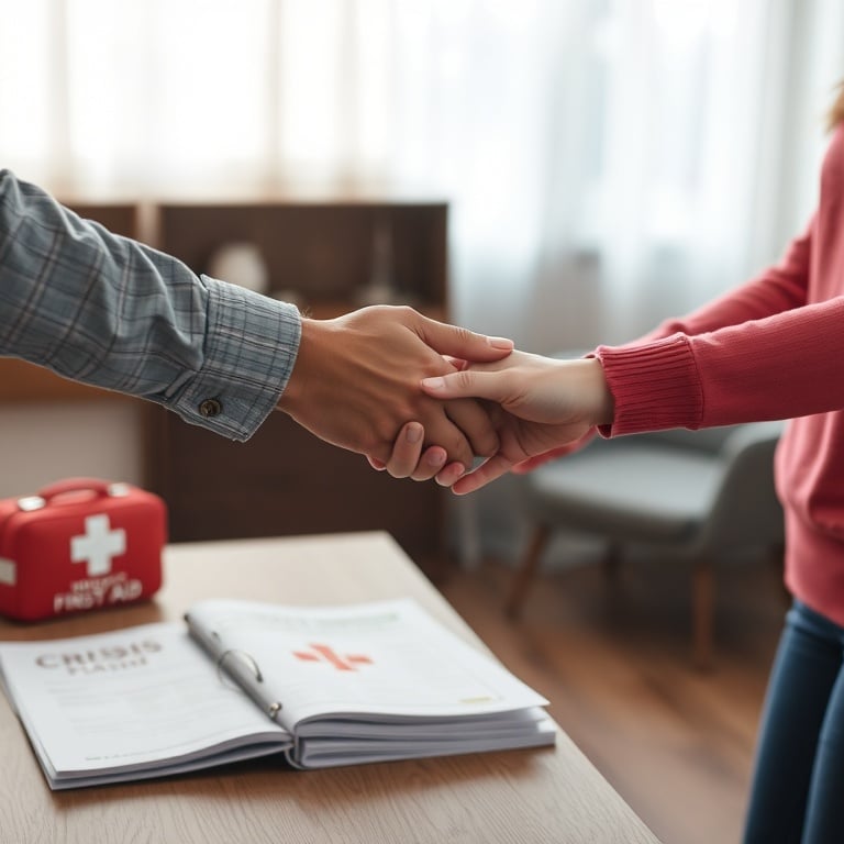 "two people holding hands cautiously" "calm indoor room with soft lighting" "emergency first-aid kit nearby" "folded crisis plan on table" "warm, reassuring colors"