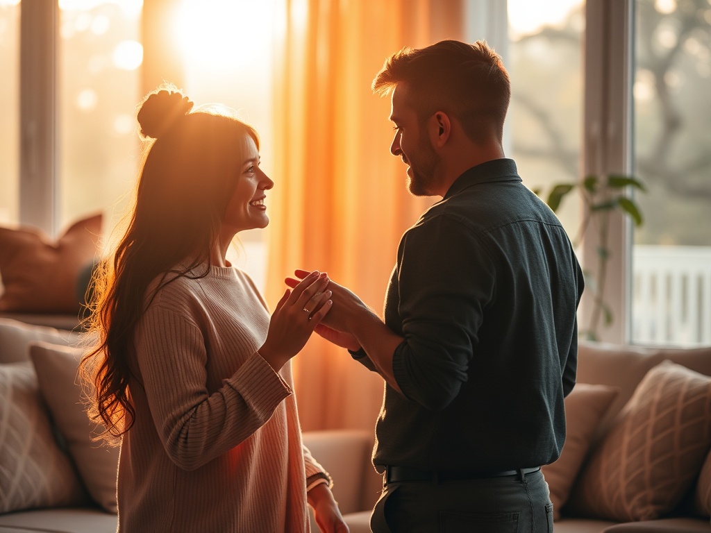 "A tender couple connected in a sunlit living room, warm tones, soft cushions, subtle silhouettes revealing conversation, overlapping rings, gentle embrace, cozy atmosphere, hopeful."
